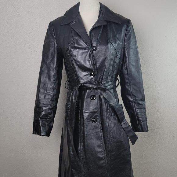 70s Bermans Black Leather Trench Coat with Pockets & Belt Size S - Picture 2 of 10